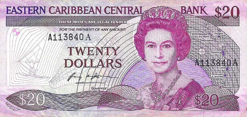 Front of East Caribbean States p24a1: 20 Dollars from 1988