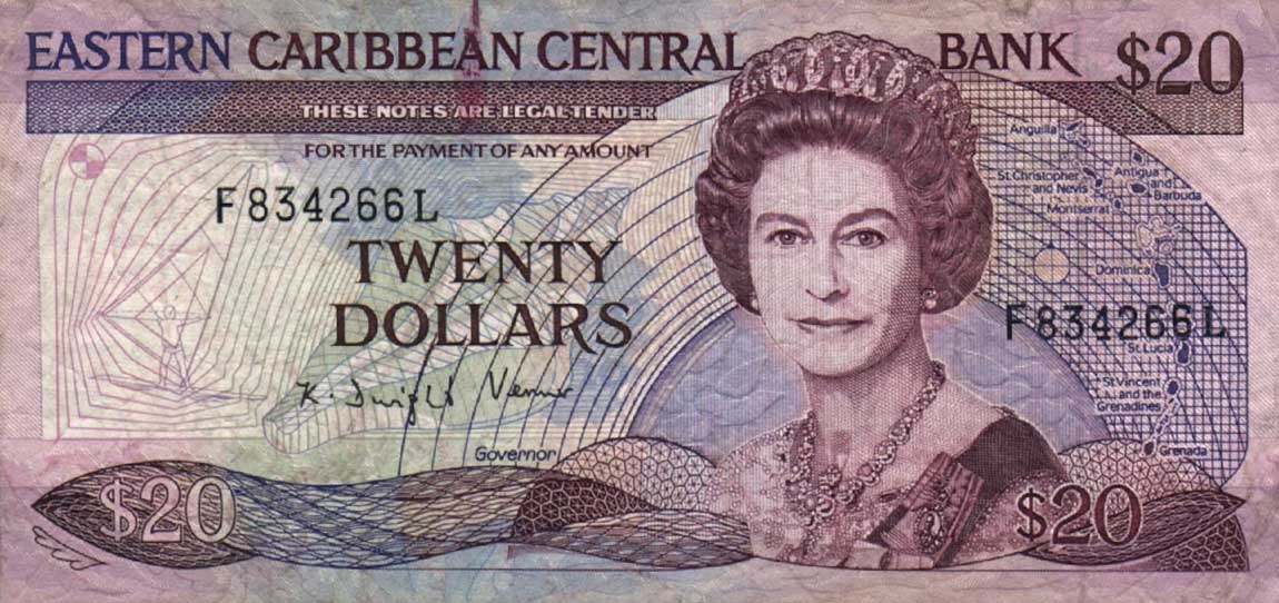 Front of East Caribbean States p24l2: 20 Dollars from 1988