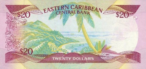 Back of East Caribbean States p24m2: 20 Dollars from 1988