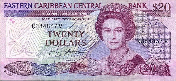 Front of East Caribbean States p24v: 20 Dollars from 1988