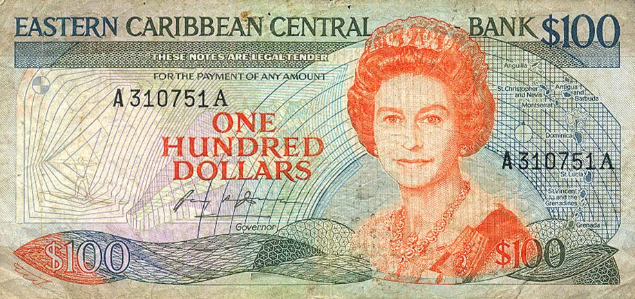 Front of East Caribbean States p25a1: 100 Dollars from 1988