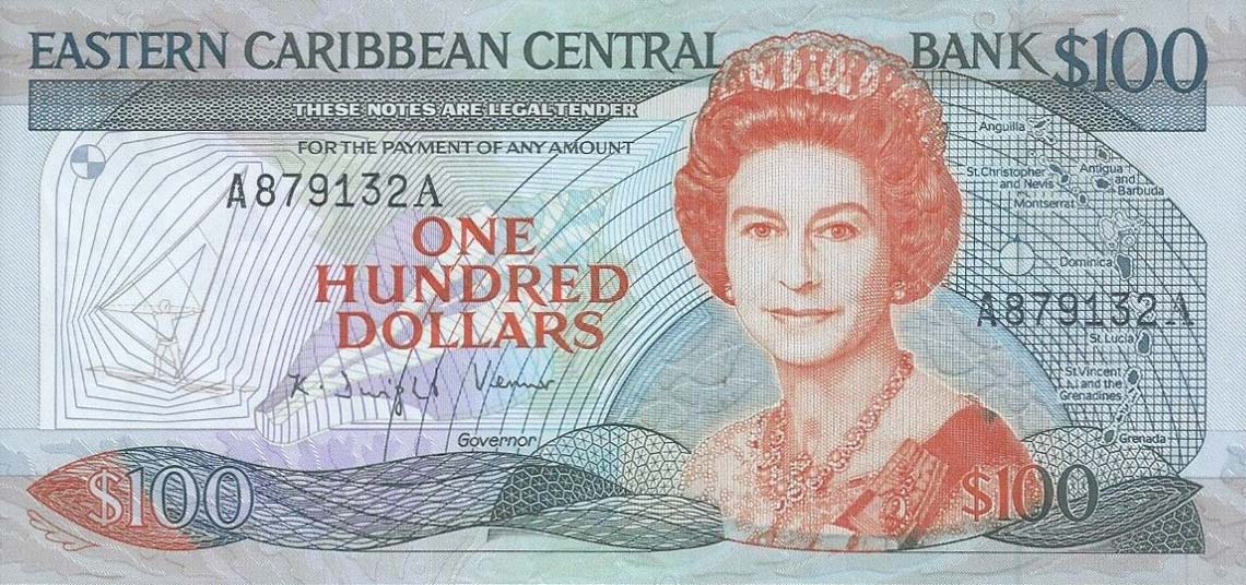 Front of East Caribbean States p25a2: 100 Dollars from 1988