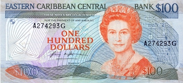 Front of East Caribbean States p25g: 100 Dollars from 1988