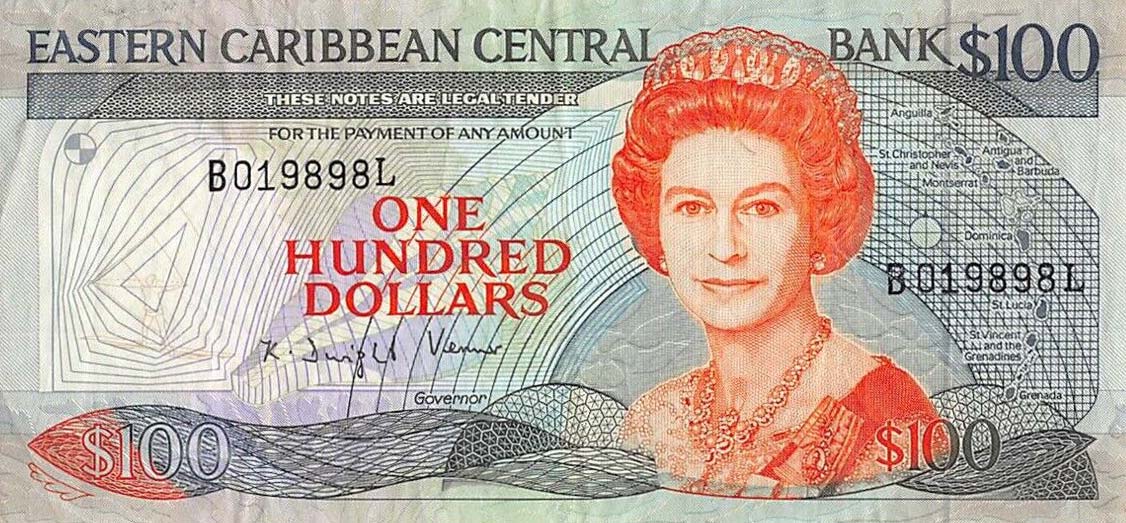 Front of East Caribbean States p25l2: 100 Dollars from 1988