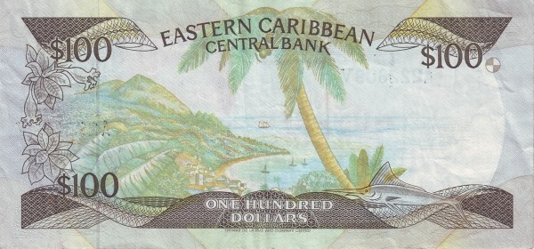 Back of East Caribbean States p25v: 100 Dollars from 1988