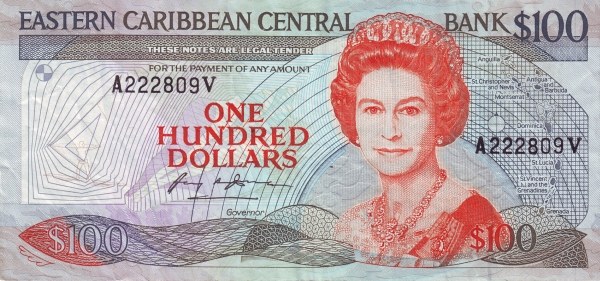 Front of East Caribbean States p25v: 100 Dollars from 1988