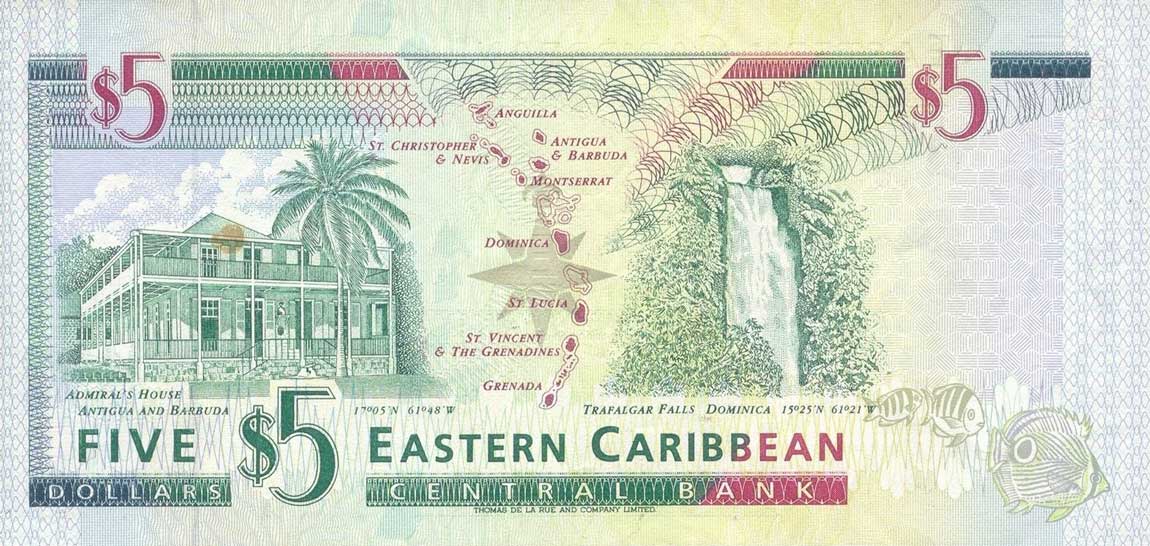 Back of East Caribbean States p26d: 5 Dollars from 1993