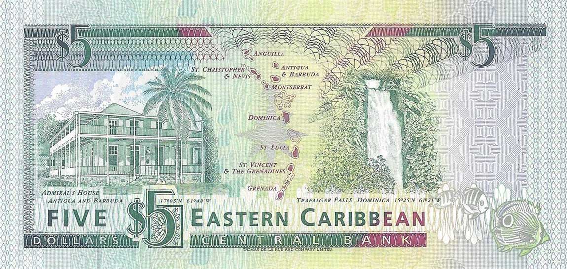 Back of East Caribbean States p26k: 5 Dollars from 1993