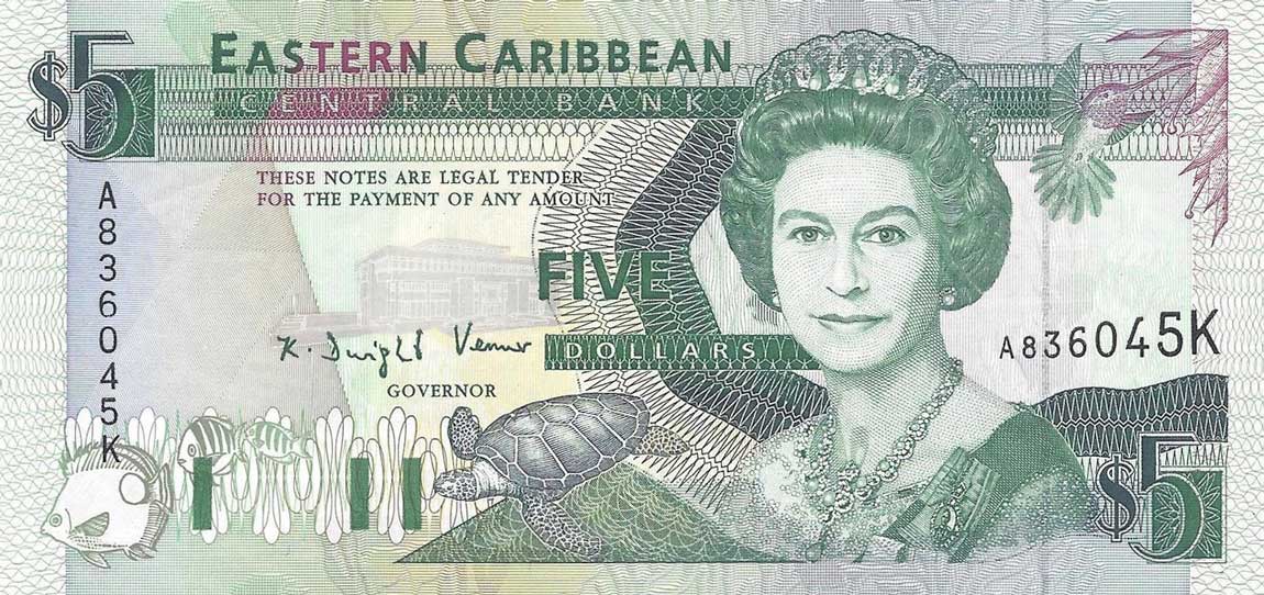 Front of East Caribbean States p26k: 5 Dollars from 1993