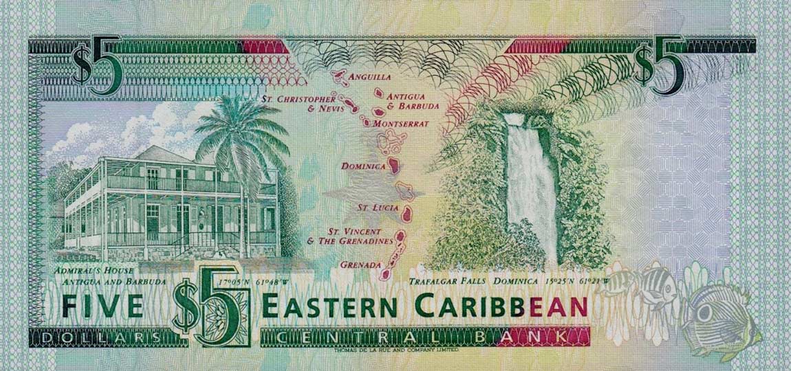 Back of East Caribbean States p26m: 5 Dollars from 1993