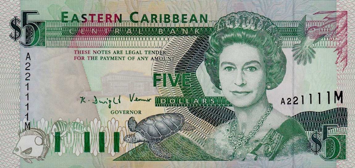 Front of East Caribbean States p26m: 5 Dollars from 1993