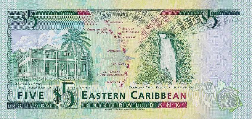 Back of East Caribbean States p26u: 5 Dollars from 1993