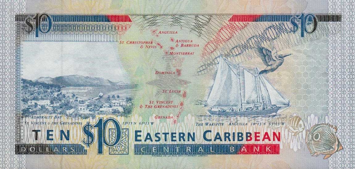 Back of East Caribbean States p27k: 10 Dollars from 1993