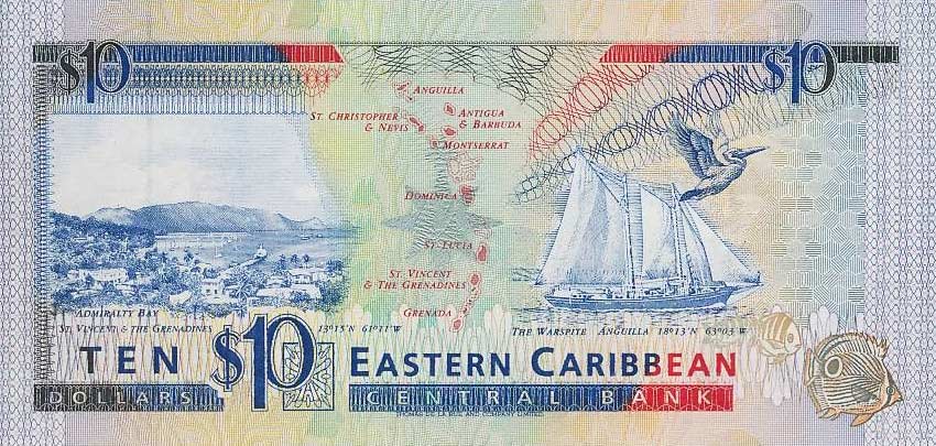 Back of East Caribbean States p27l: 10 Dollars from 1993