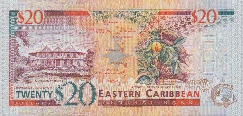 Back of East Caribbean States p28k: 20 Dollars from 1993