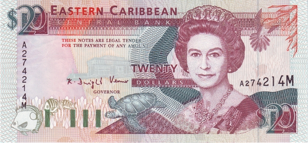 Front of East Caribbean States p28m: 20 Dollars from 1993