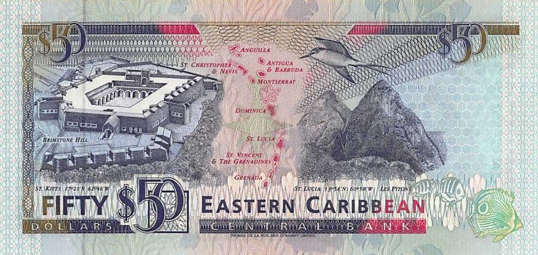 Back of East Caribbean States p29m: 50 Dollars from 1993