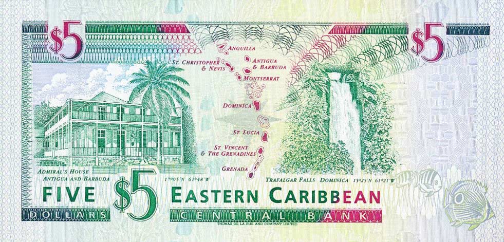 Back of East Caribbean States p31u: 5 Dollars from 1994