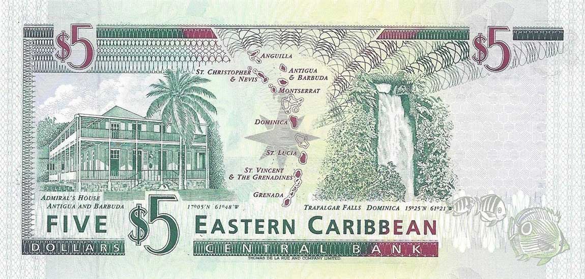 Back of East Caribbean States p31v: 5 Dollars from 1994