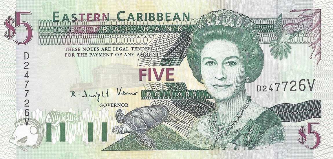 Front of East Caribbean States p31v: 5 Dollars from 1994