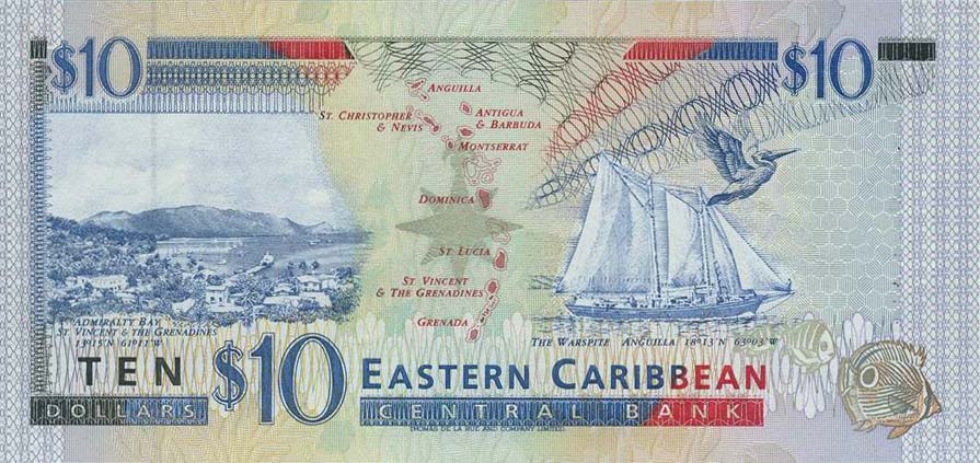 Back of East Caribbean States p32u: 10 Dollars from 1994