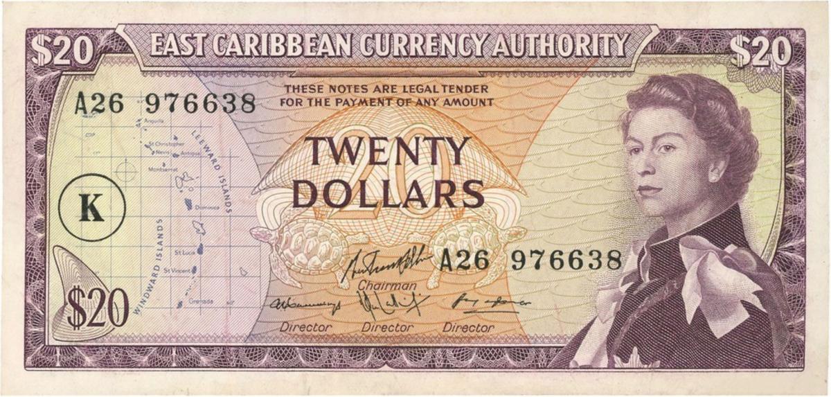 Front of East Caribbean States p15k: 20 Dollars from 1965