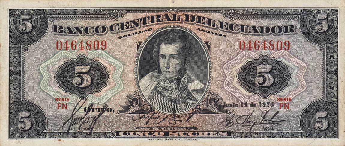 Front of Ecuador p100a: 5 Sucres from 1956
