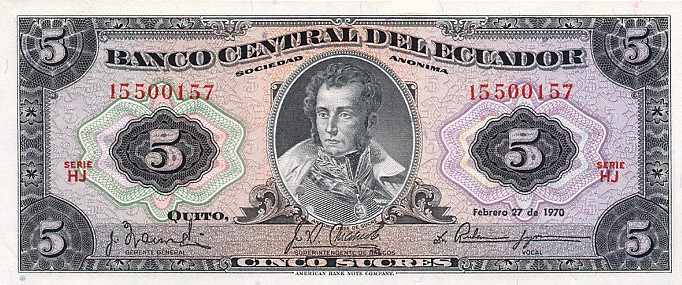 Front of Ecuador p100d: 5 Sucres from 1970