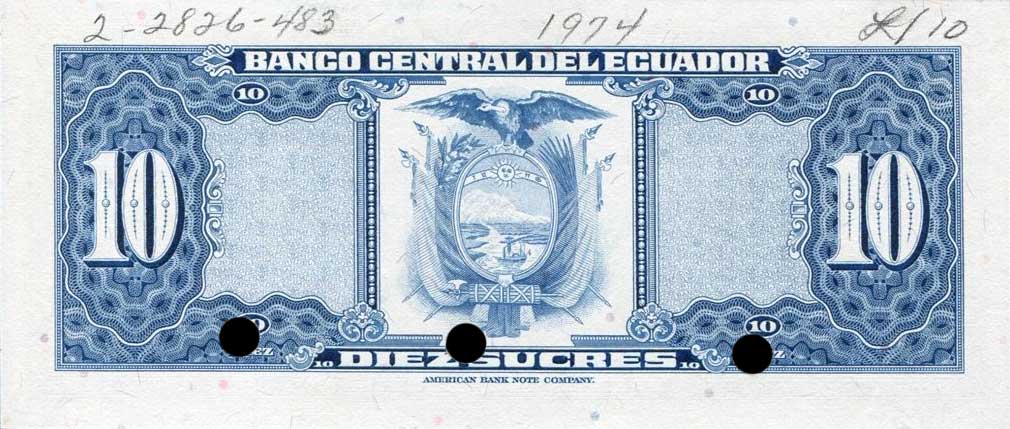 Back of Ecuador p109s: 10 Sucres from 1975