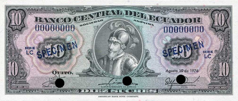 Front of Ecuador p109s: 10 Sucres from 1975