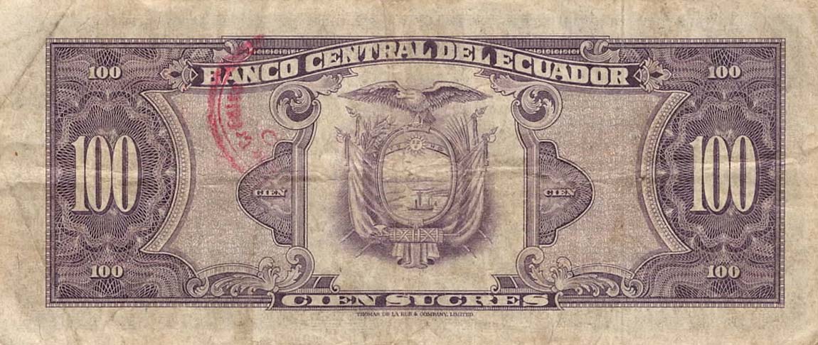 Back of Ecuador p117a: 100 Sucres from 1961