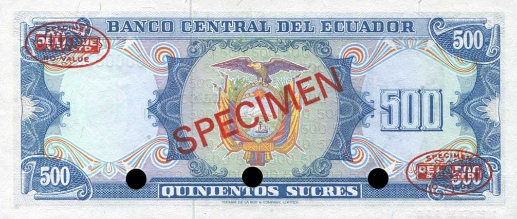 Back of Ecuador p119s1: 500 Sucres from 1976