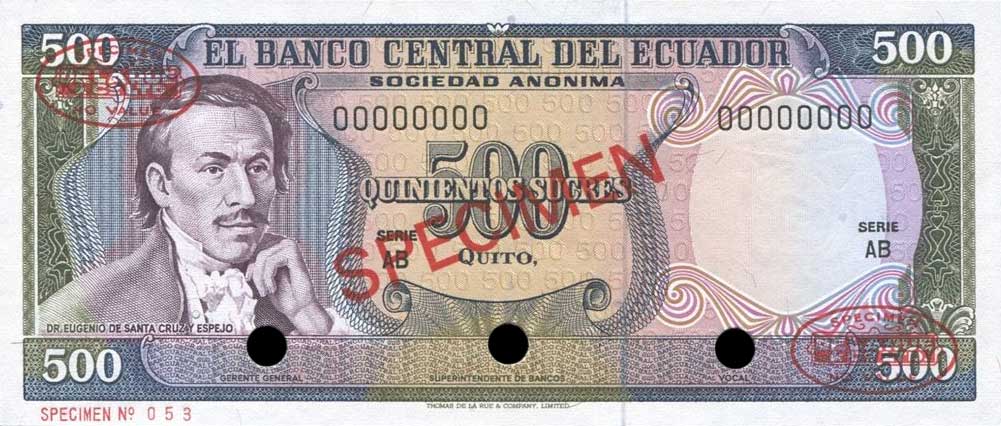 Front of Ecuador p119s1: 500 Sucres from 1976