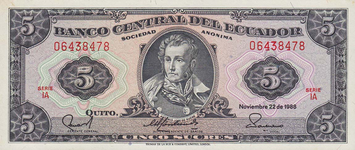 Front of Ecuador p120A: 5 Sucres from 1988