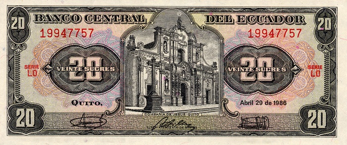 Front of Ecuador p121Aa: 20 Sucres from 1986
