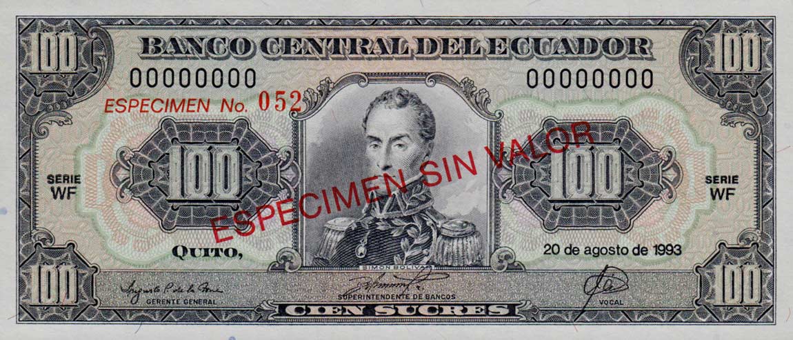 Front of Ecuador p123As2: 100 Sucres from 1991