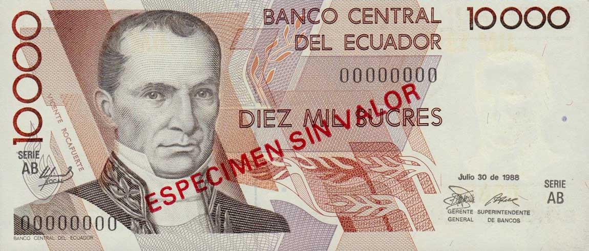 Front of Ecuador p127s1: 10000 Sucres from 1988