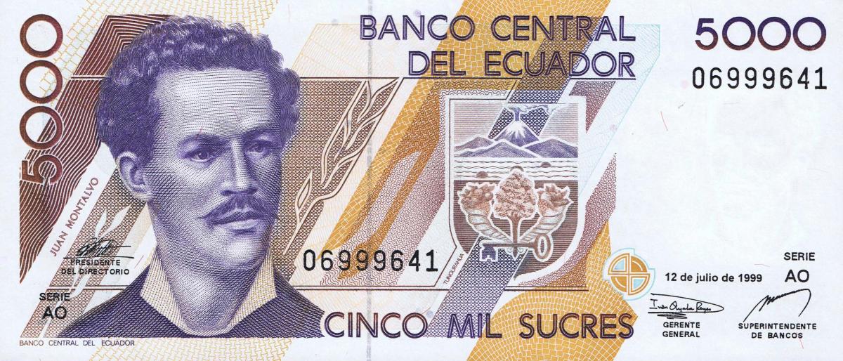 Front of Ecuador p128c: 5000 Sucres from 1999