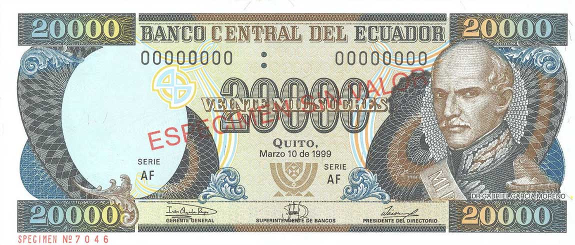 Front of Ecuador p129s3: 20000 Sucres from 1999