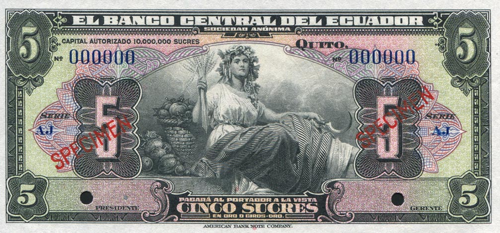 Front of Ecuador p84s: 5 Sucres from 1928