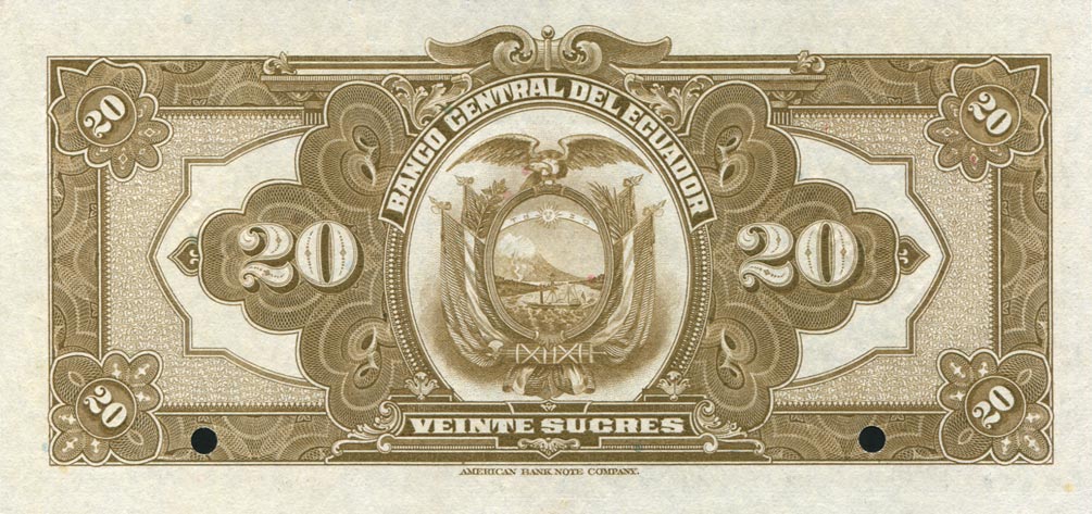 Back of Ecuador p86s: 20 Sucres from 1928