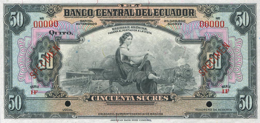 Front of Ecuador p94s: 50 Sucres from 1939