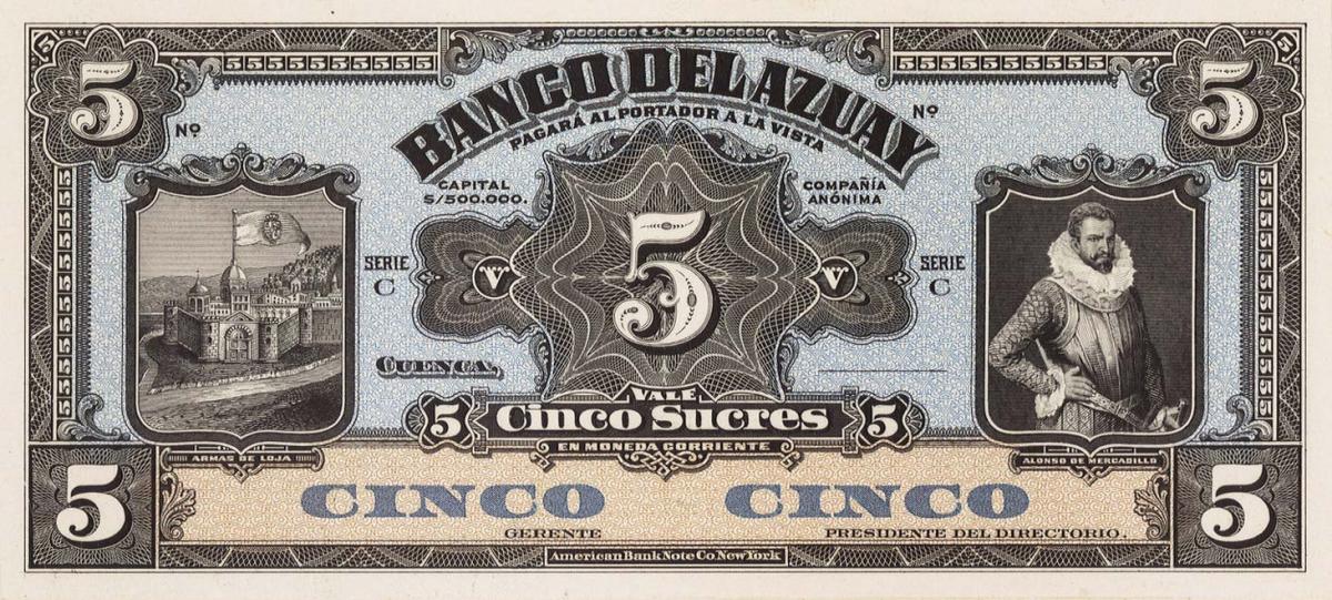 Front of Ecuador pS103p: 5 Sucres from 1920