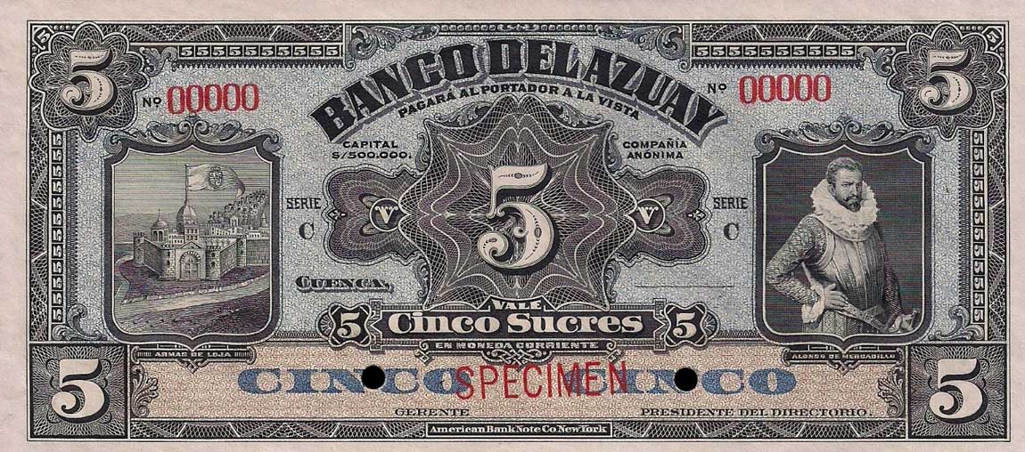 Front of Ecuador pS103s: 5 Sucres from 1920