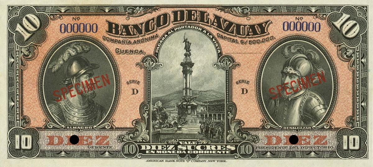 Front of Ecuador pS104s: 10 Sucres from 1920