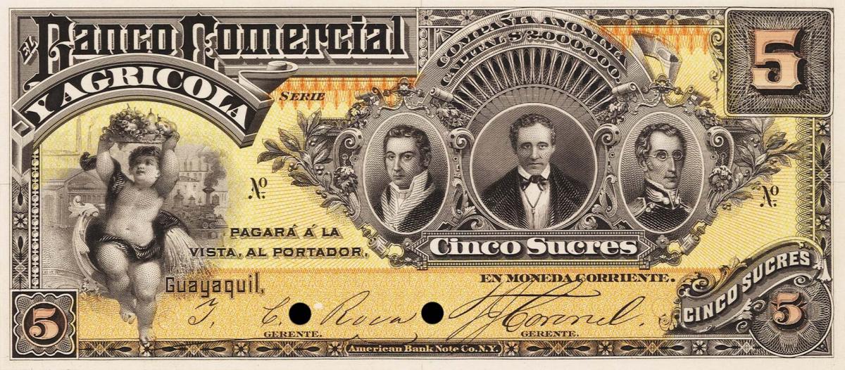 Front of Ecuador pS121p: 5 Sucres from 1895