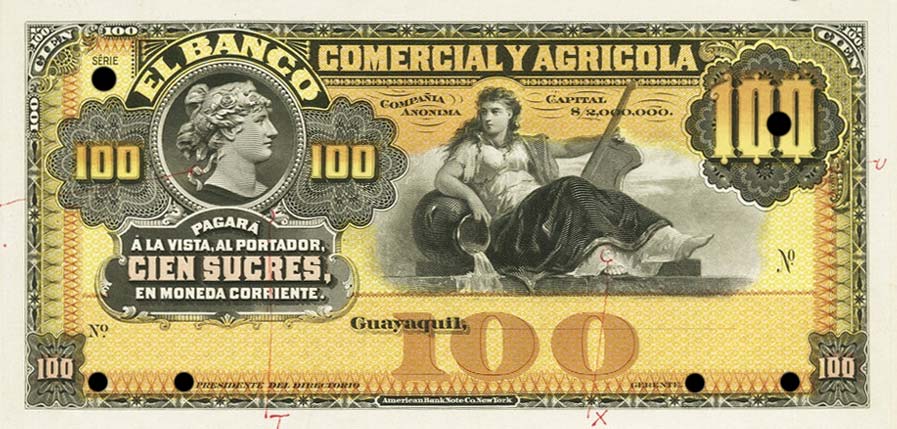 Front of Ecuador pS123p: 100 Sucres from 1895