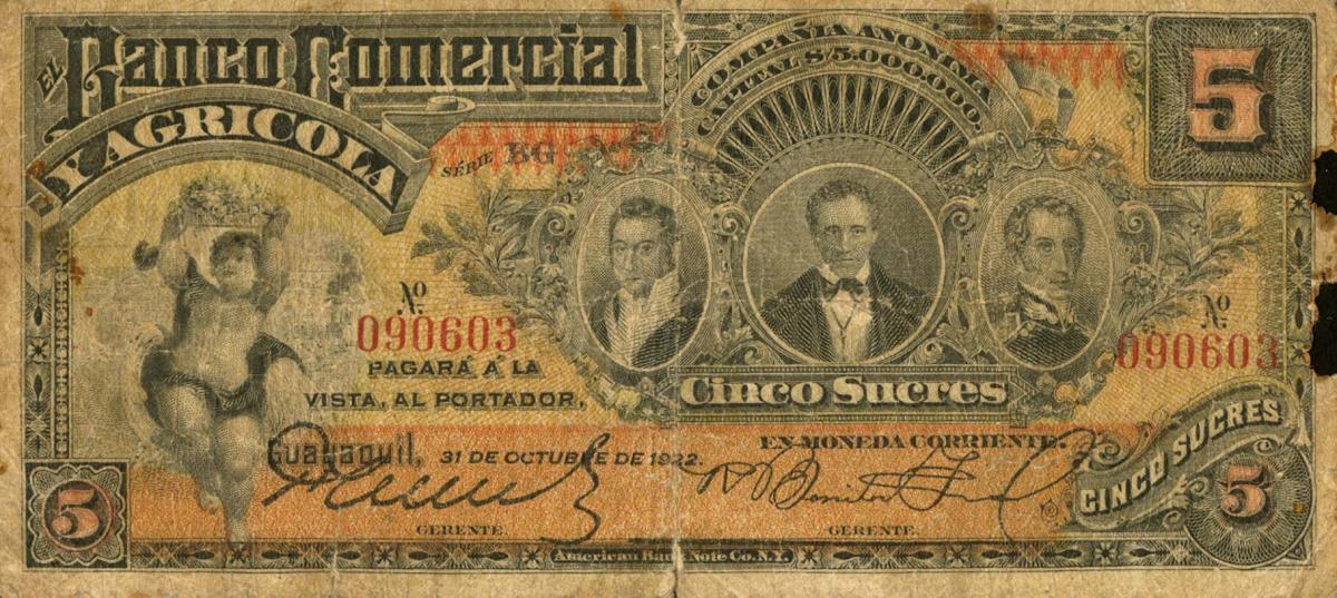 Front of Ecuador pS127b: 5 Sucres from 1915