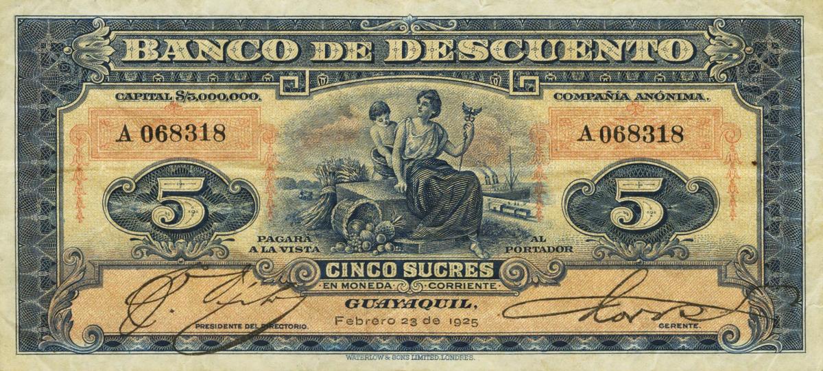 Front of Ecuador pS133: 5 Sucres from 1923