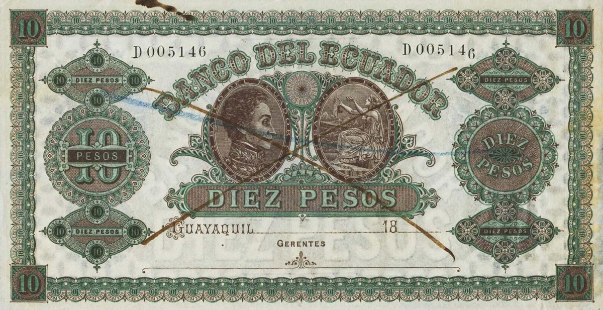 Front of Ecuador pS141Ca: 10 Pesos from 1872